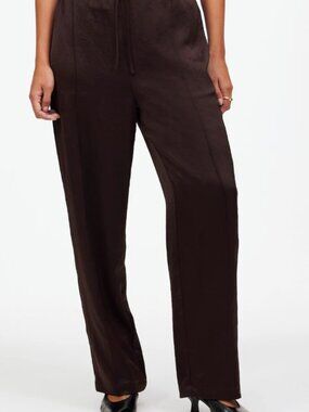 Madewell Tall Pintucked Slim Pull On Pants in Satin - Dark Carob